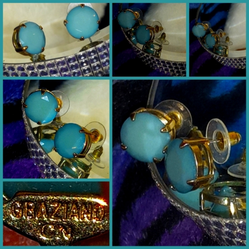 R.J. Graziano Shiny matte teal 0.5” diameter 4 Pronged Gold Stud Earrings